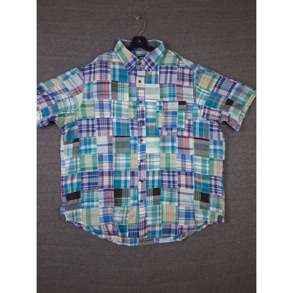 Lands End Mens Shirt 2XLT Blue Multi Patchwork Plaid Coastal Resort 100% Cotton - Picture 2 of 8